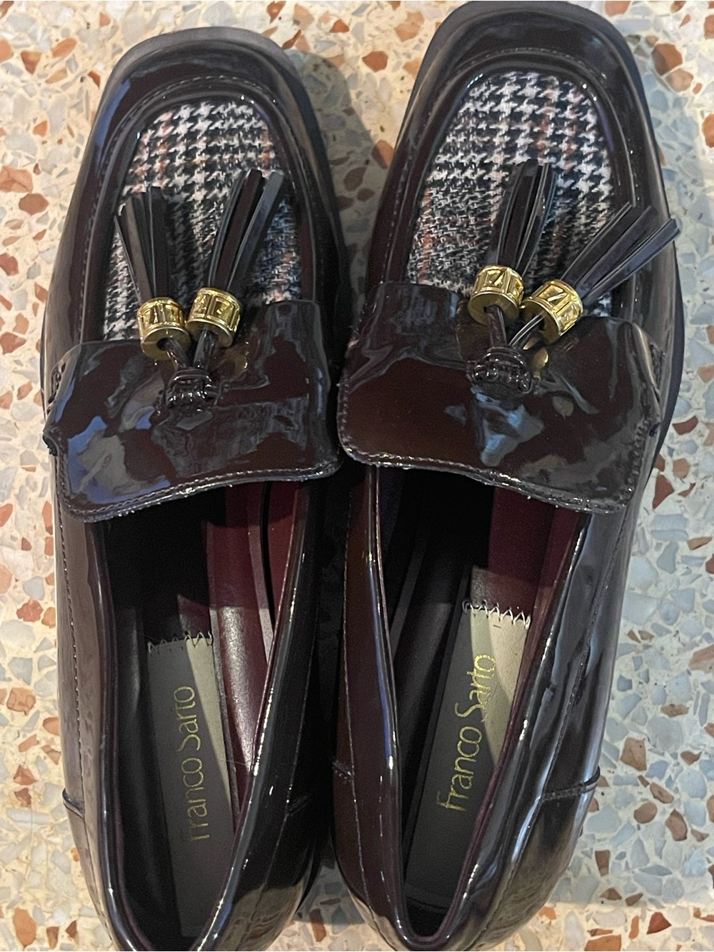 Franco Sarto Glossy Burgundy Patent Tassel Loafers with Houndstooth